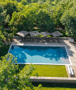 Aerial View of the Estate’s Swimming Pool Set Up for a Wedding